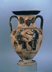 Attische zwartfigurige amphora die Orpheus toont die zijn lier speelt voor Athena
